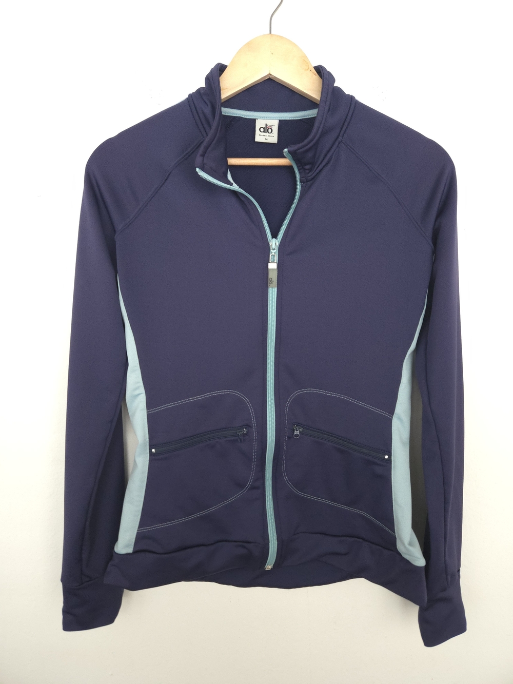 Alo Yoga CoolFit Jacket Womens M Full Zip Navy Blue Teal Athleisure